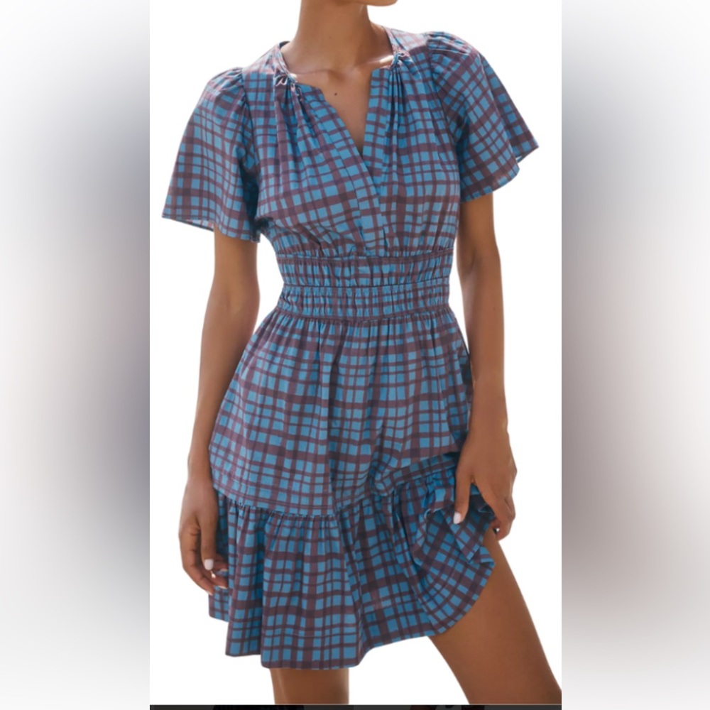 Anthropologie Blue and Purple Plaid Somerset 100% Cotton Mini Dress